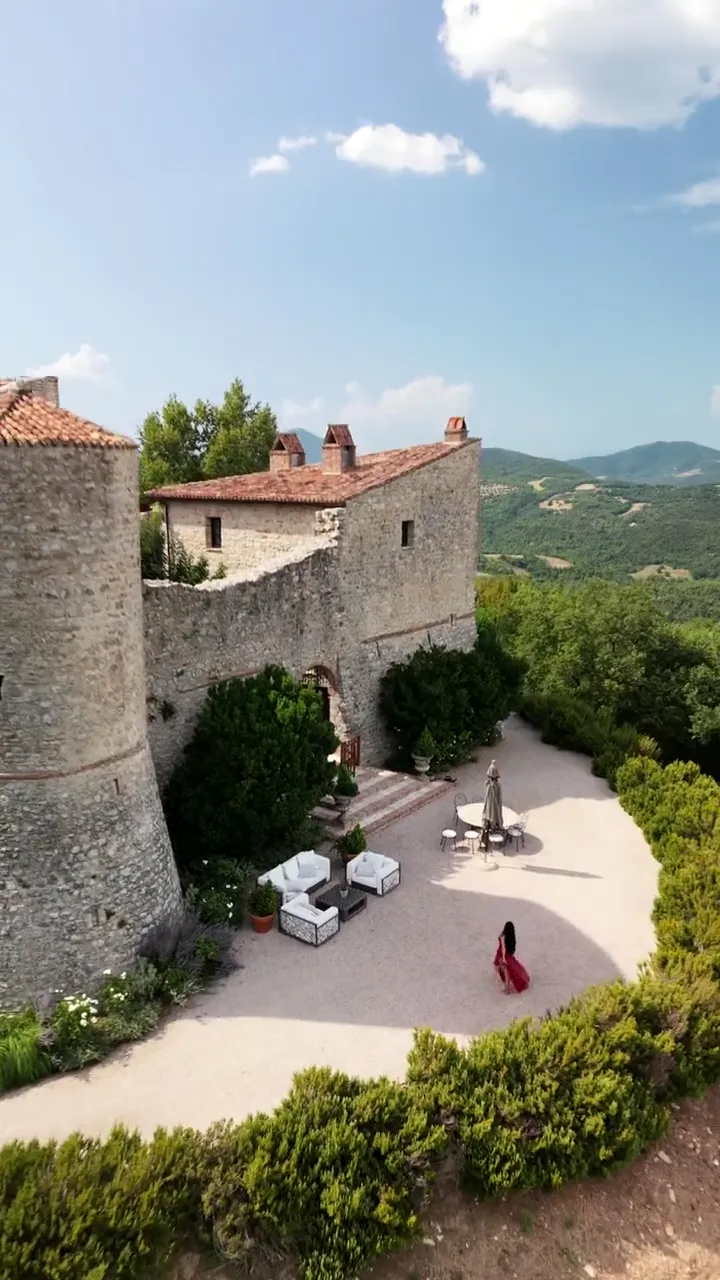 Castello Procopio from above, its towers and courtyard