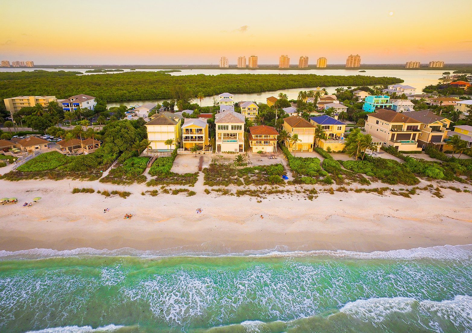 Hickory 1 from the air above the beach at sunrise