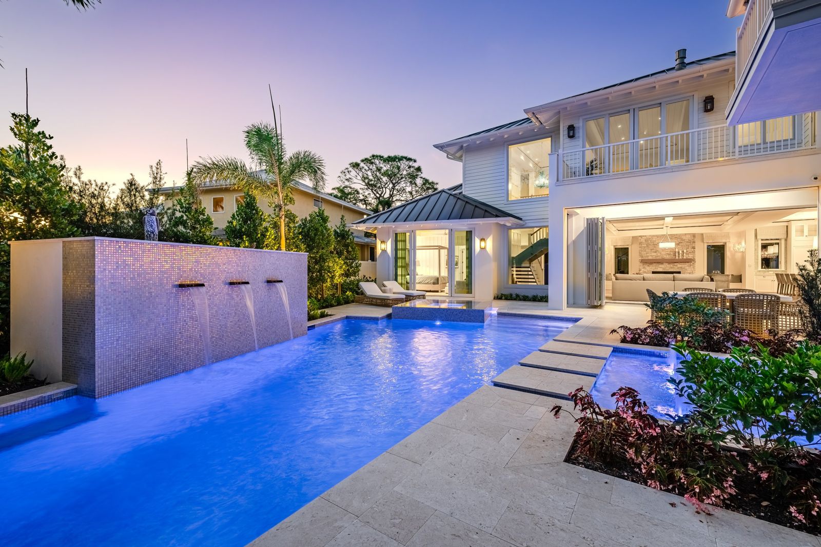 Pool and courtyard at blue hour